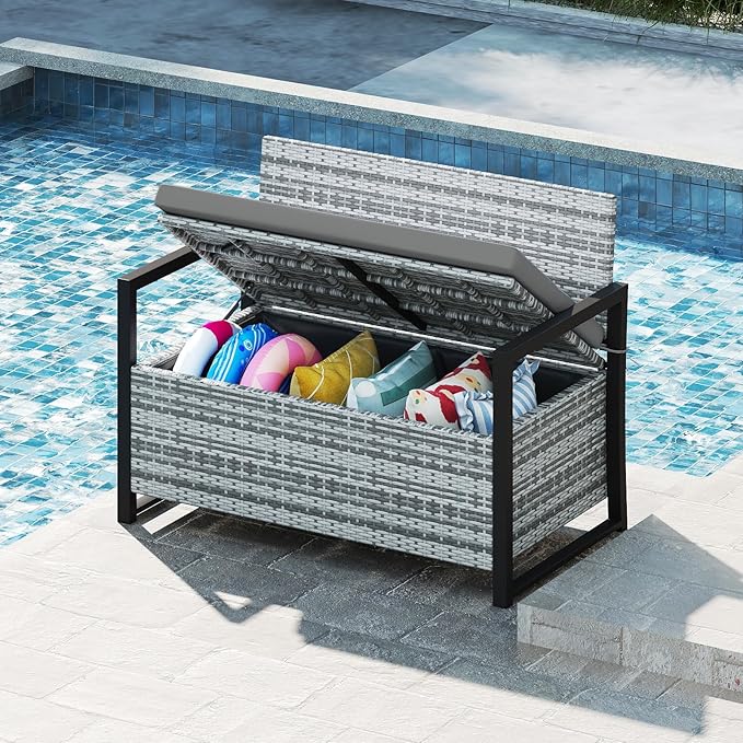 Tangkula 40 Gallon Outdoor Bench with Storage, Patio Wicker Storage Bench with Cushion, Cover, Metal Frame, Deck Box Seat for Backyard, Poolside, Balcony, Garden - Image 9