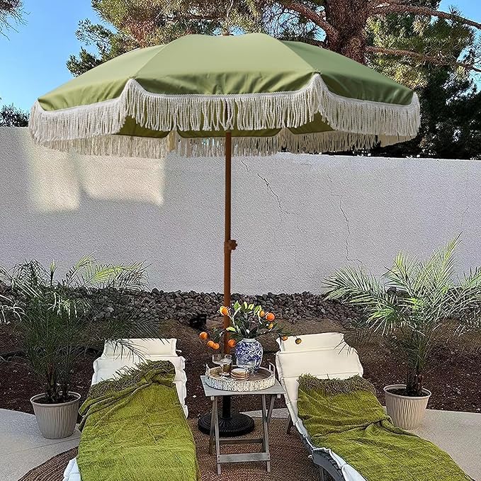 AMMSUN 7ft Patio Umbrella with Fringe Outdoor Tassel Umbrella UPF50+ Premium Steel Pole and Ribs Push Button Tilt, Sage Green - Image 2