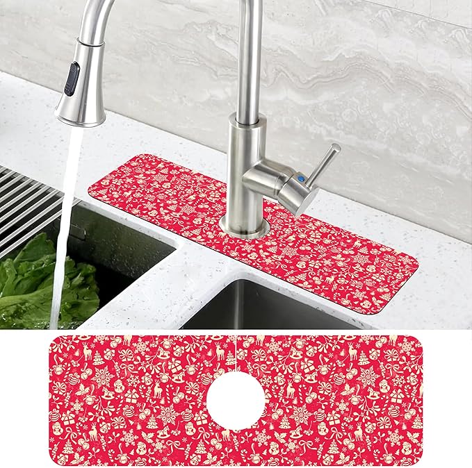 Christmas Reindeer Bell Snowflake Kitchen Sink Splash Guard Mat Absorbent Fast - Image 4