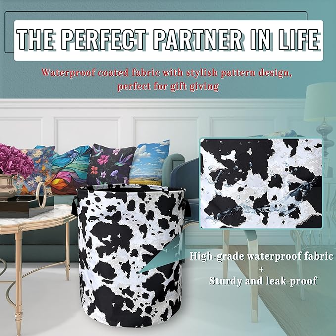 Retro Black White Cows Print Laundry Basket Foldable - Image 5