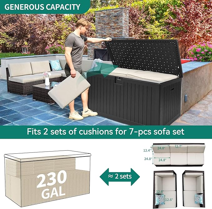 YITAHOME XXL 230 Gallon Large Deck Box,Outdoor Storage for Patio Furniture Cushions,Garden Tools with Flexible Divider,Waterproof,Lockable (Black) - Image 8