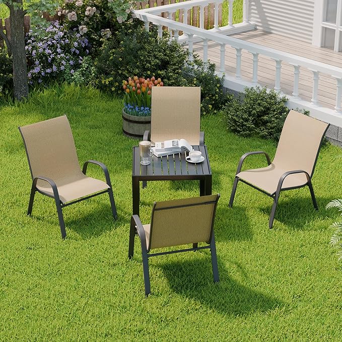 Patio Chairs Set of 4, Outdoor Dining Chairs Stackable for All Weather, Breathable Metal Modern Outside Furniture Chair for Pool Side, Garden, Backyard Deck, Brown - Image 2