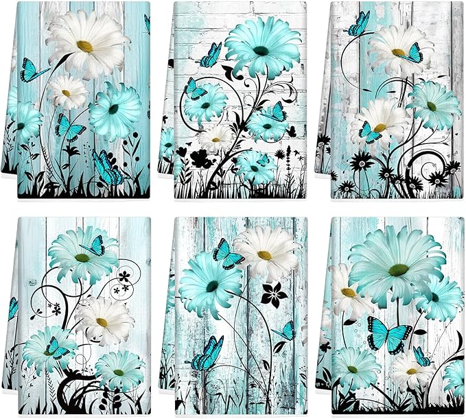 Breling Set of 6 Teal Daisy Kitchen Towel Vintage Themed Dish Towel Turquoise by Breling