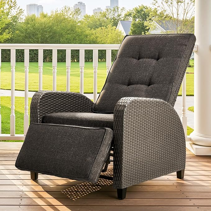 Green4ever Outdoor Patio Recliner with Independently Adjustable Backrest and Footrest, All-Weather Wicker Patio Chair, 160° Lay Flat Patio Reclining Lounge Chair for Backyard Garden, Grey by Green4ever