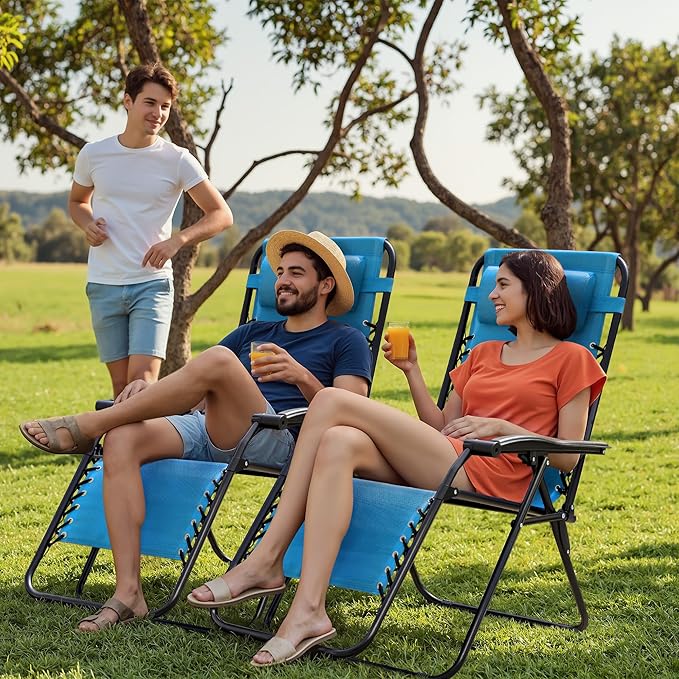 Homall Zero Gravity Chair Adjustable Folding Lawn Lounge Chairs Outdoor Lounge Gravity Chair Camp Reclining Chair with Pillows for Poolside Backyard and Beach Set of 2 (Sky Blue) - Image 7