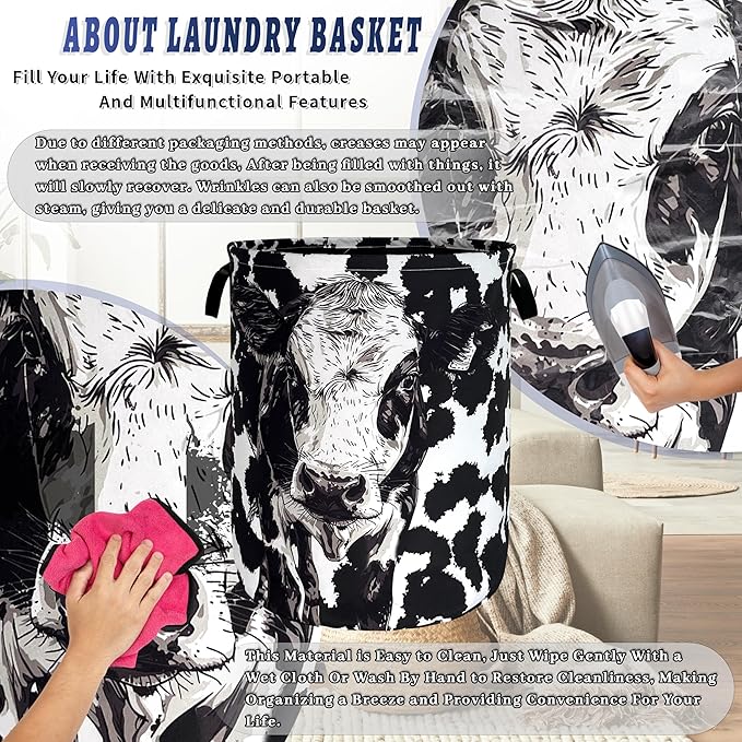 Personalize Black White Cow Laundry Basket Oxford Cloth Foldable Animal Laundry - Image 8