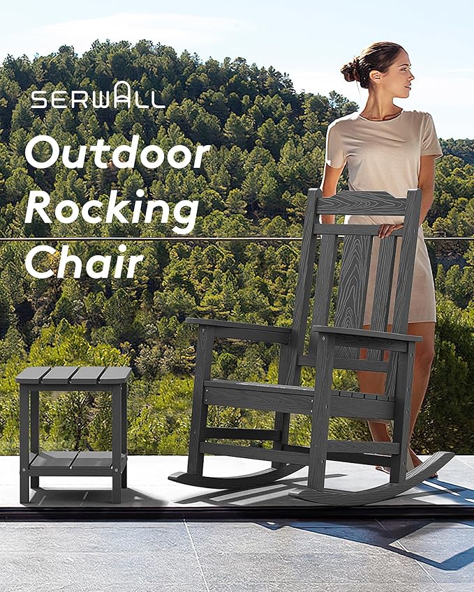 SERWALL Oversized Rocking Chair Outdoor, HDPE Outdoor Rocking Chair, Grey - Image 8