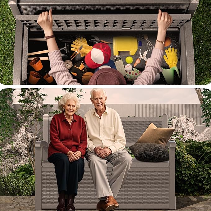 80 Gallon Outdoor Storage Bench Deck Box Waterproof Lockable,Outdoor Storage Furniture for Patio,Garden and Porch,Tools and Cushions（ Grey） - Image 7