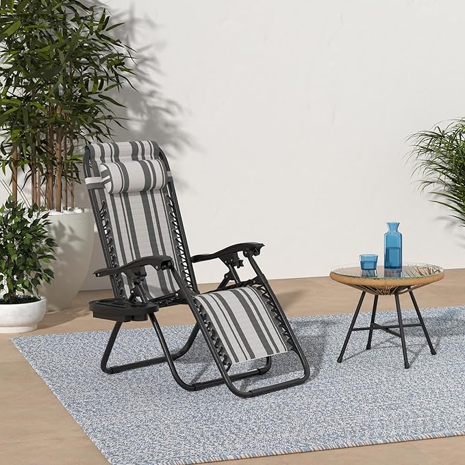 Best Choice Products Set of 2 Adjustable Steel Mesh Zero Gravity Lounge Chair Recliners w/Pillows and Cup Holder Trays - Gray Stripes - Image 2