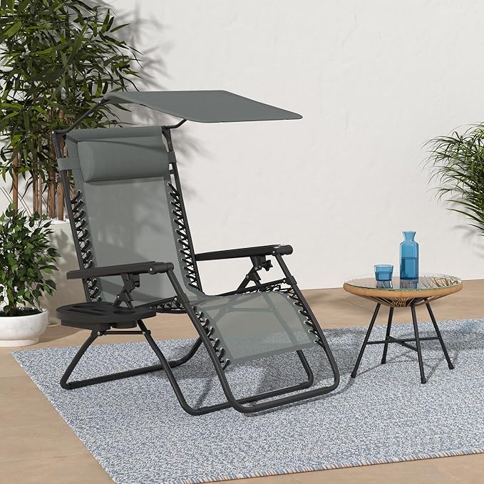 Best Choice Products Folding Zero Gravity Outdoor Recliner Patio Lounge Chair w/Adjustable Canopy Shade, Headrest, Side Accessory Tray, Textilene Mesh - Stardew - Image 2