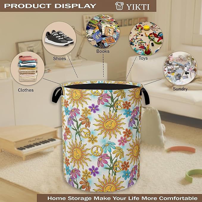 Collapsible Laundry Basket, Vintage Peace Symbol Dirty Clothes Hamper, Hippie - Image 4