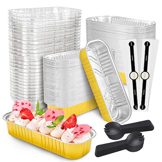 100 PACK Mini Cake Pans with Lids and Spoons, Rectangular Aluminum Foil Bread by NPLUX
