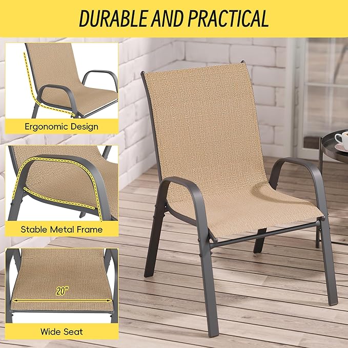 Betterhood Patio Chairs Set of 2, Stackable Outdoor Dining Chairs Set with Breathable Seat Fabric, All-Weather Powder-Coated Metal Frame for Deck, Pool Side and Backyard, 350LBS Capacity (Khaki) - Image 8