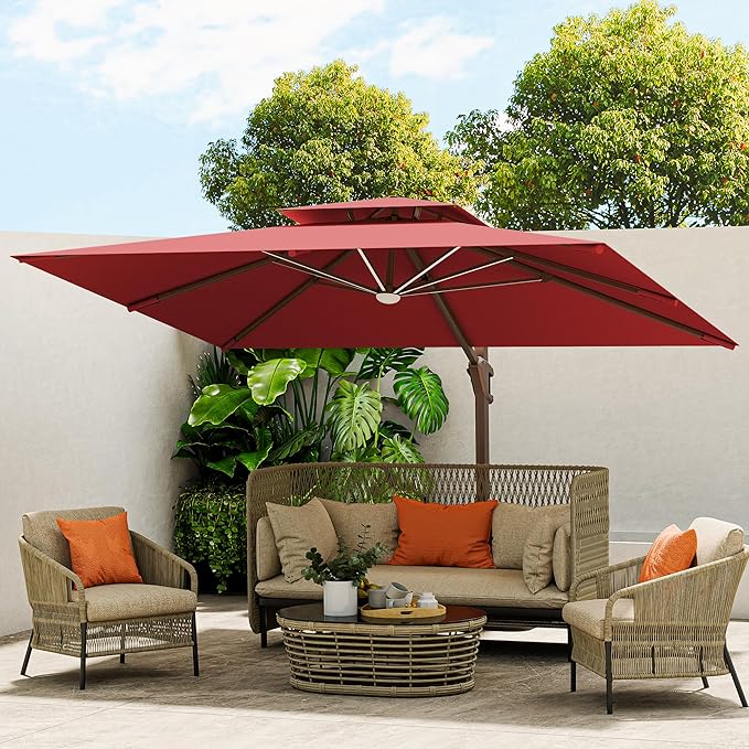 10 X 13 FT Cantilever Outdoor Patio Umbrella with Led Lights Large Heavy Duty 360° Rotation Double Top Offset Rectangular Umbrellas for Backyard Garden Pool Outside Deck, Red by MEVBC