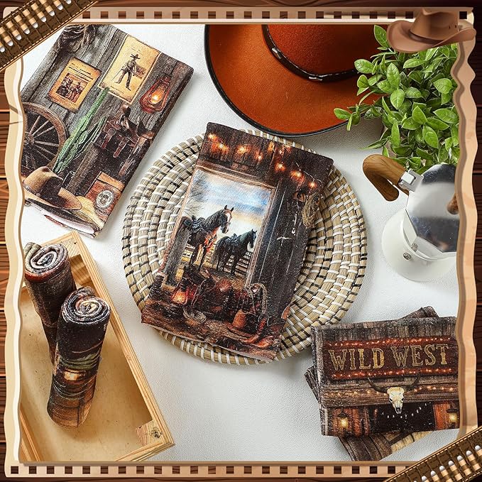 Breling 6 Pcs Western Cowboy Scene Kitchen Towel Wooden House Barn Vintage - Image 6