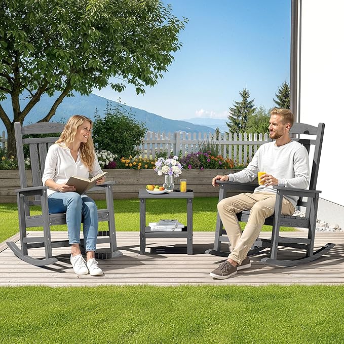 SERWALL Outdoor Rocking Chair Set of 4, HDPE Patio Rocking Chair, All-Weather Porch Rocker for Balcony, Yard, Dark Gray - Image 2