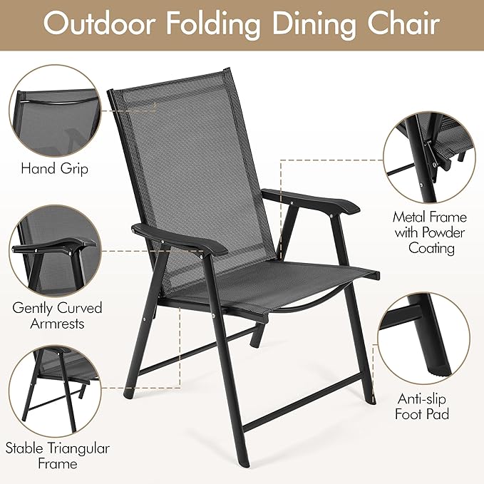 Yaheetech Patio Dining Chairs Set of 2 with Armrests, Outdoor Folding Chairs with Metal Frame and Backrest for Lawn, Garden, Yard and Poolside, Black - Image 6