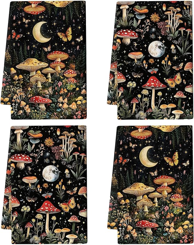 Mushroom Moth Kitchen Towels Decorative Set of 4, Witchy Dish Towels Absorbent by Unknown