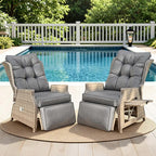 Outdoor Recliner with Adjustable Back and Footrest, Patio 150° Lay Flat Recliner with Flip Table Wicker Reclining Lounge Chair, Grey with Beige Wicker 2PCS by COMLAXFIELD