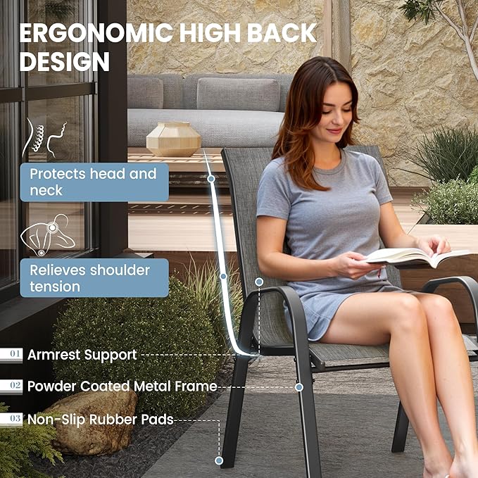 Patio Dining Chairs Set of 8, Outdoor High Stacking Chairs，Breathable Seat Fabric and Alloy Steel Frame for Backyard, Porch, Garden, Sunroom (Light Grey) - Image 7