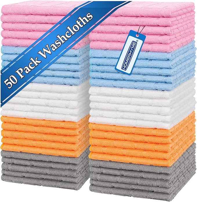 HOMERHYME Microfiber Washcloths, 50 Pack Wash Cloths Face Towel, Soft Lint Free by HOMERHYME