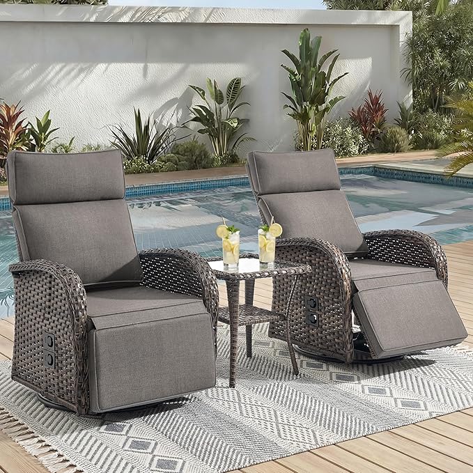3 Pieces Zero Gravity Patio Swivel Rocking Recliner Chairs Set of 2 - Wicker Outdoor Lounge Chair with Side Table, Adjustable Backrest & Footrest, High Back Outdoor Recliner Chair for Pool Deck Gray by JelwalyPatioFurnitureSet