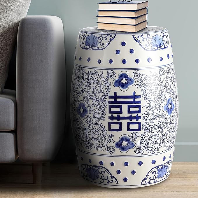 JONATHAN Y TBL1013A Double Happiness 18" Chinoiserie Ceramic Drum Indoor/Outdoor Garden Stool Bohemian, Coastal, Classic, Cottage, French Country, Traditional, Bathroom, Garden Room, Patio, Blue/White - Image 4