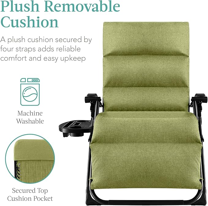Best Choice Products Oversized Zero Gravity Chair, Folding Outdoor Patio Recliner, XL Anti Gravity Lounger w/Removable Cushion, Cup Holder, Side Tray, 350lb Capacity - Lime Green - Image 3