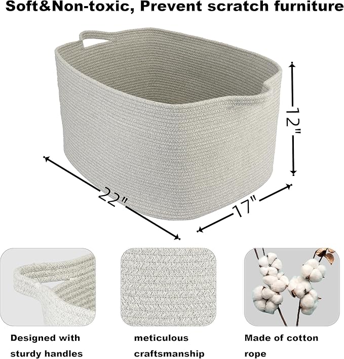Large Rectangle Blankets Basket Living Room 22"x17"x12" Woven Cotton Rope - Image 2