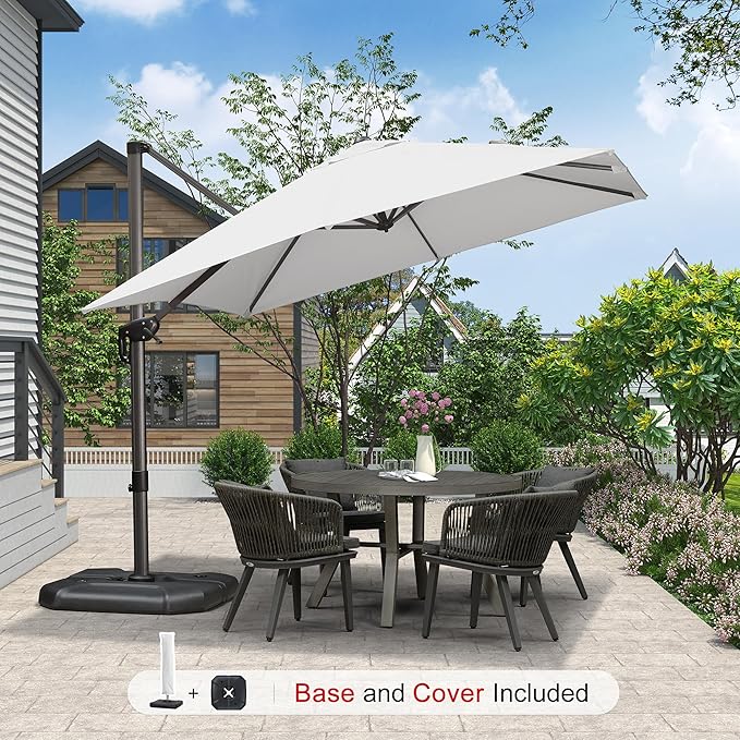 PURPLE LEAF 9'×9' Patio Umbrella with Base Outdoor Cantilever Umbrella with Cover Aluminum Square Offset Umbrella with 360-degree Rotation for Deck Pool Garden White - Image 2