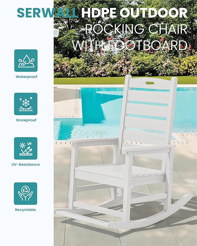 SERWALL Outdoor Rocking Chair Set of 2, Oversized Rocking Chair with Footboard for Adults, HDPE All Weather Resistant Rocking Chairs for Patio, 350lbs Weight Capacity, White - Image 4