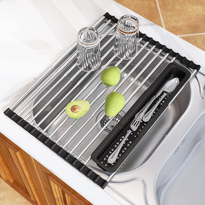 JASIWAY Roll Up Dish Drying Rack, Expandable Stainless Steel Portable Over The by JASIWAY