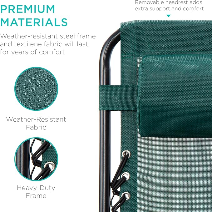 Best Choice Products Set of 2 Adjustable Steel Mesh Zero Gravity Lounge Chair Recliners w/Pillows and Cup Holder Trays - Forest Green - Image 8