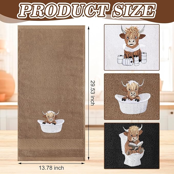 3 Pcs Highland Cow Hand Towels for Bathroom Embroidered Bathroom Towels - Image 3