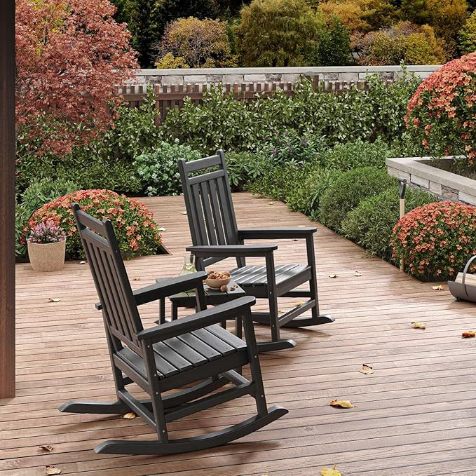 HDPE Rocking Chair Outdoor Set of 4 with 2 Side Table - Poly High Back Porch Rocker Chairs for Adults - All Weather Resistant Furniture for Patio Front Porch - Black - Image 8