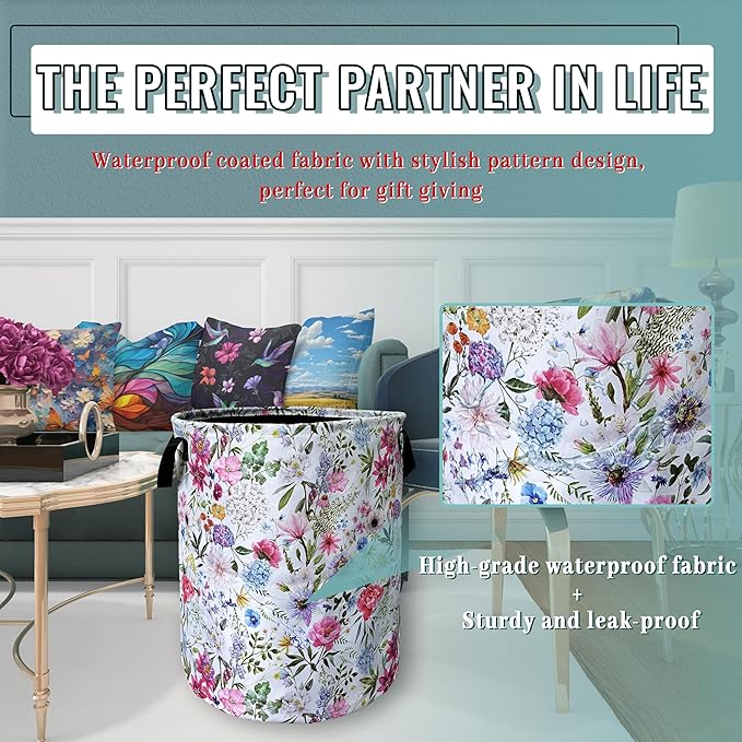 Watercolor Flower Floral Laundry Basket Foldable - Image 5