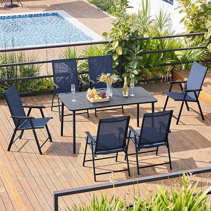 Yaheetech Patio Dining Chairs Set of 2, Portable Dining Chairs with Armrests for Camping, Lawn and Beach, Folding Patio Chairs 2-Pack of Metal Frame, Navy Blue - Image 2