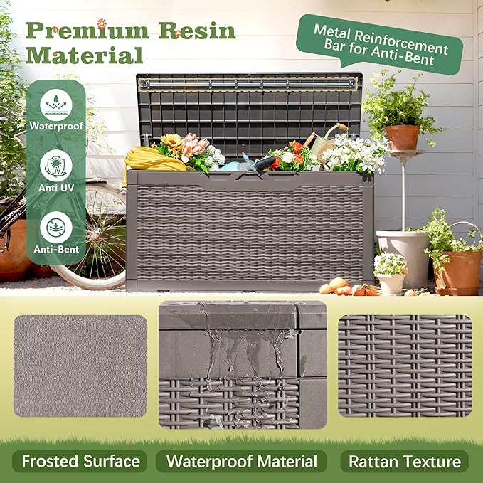 Flamaker Outdoor Storage Box 100 Gallon Waterproof Resin Deck Box Delivery Box with Air Rod Indoor Outdoor Lockable Storage Bench for Patio Cushions, Tools, Pool Accessories (Brown) - Image 2