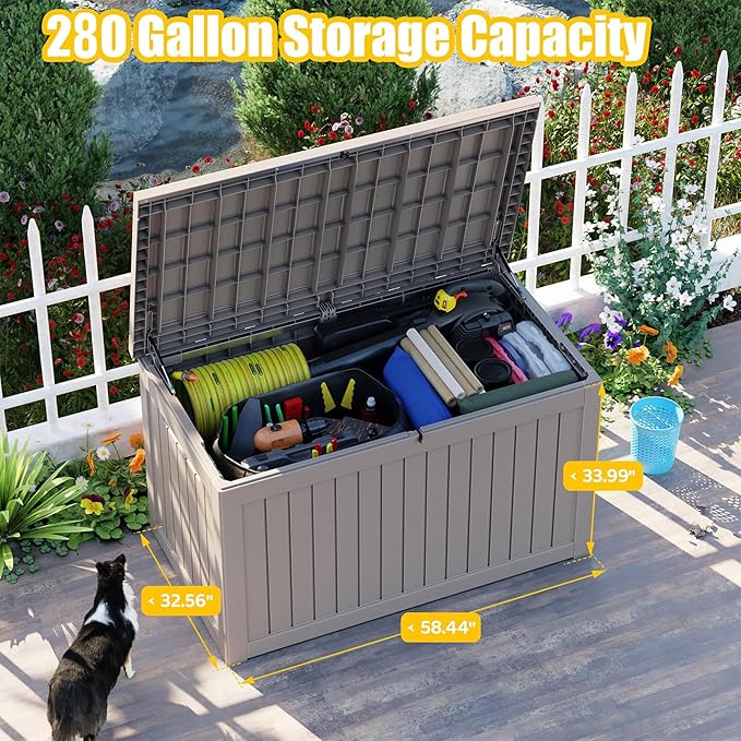 Deck Box - 280 Gallon Large Outdoor Storage box,Waterproof Patio Furniture and Storage Deck - Lockable and UV Resistant, Perfect for Pool and Outdoor Use, Weatherproof Resin, Lockable (Light Brown) - Image 3