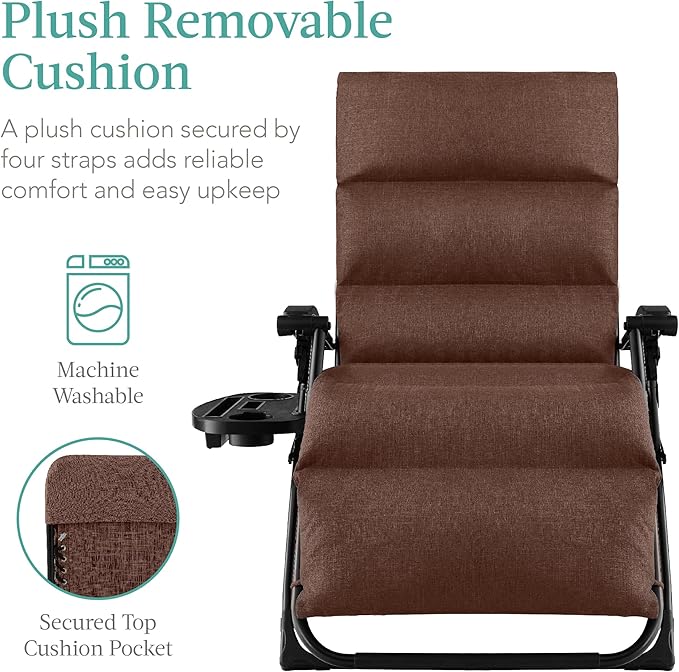 Best Choice Products Oversized Zero Gravity Chair, Folding Outdoor Patio Recliner, XL Anti Gravity Lounger w/Removable Cushion, Cup Holder, Side Tray, 350lb Capacity - Woodland Brown - Image 4
