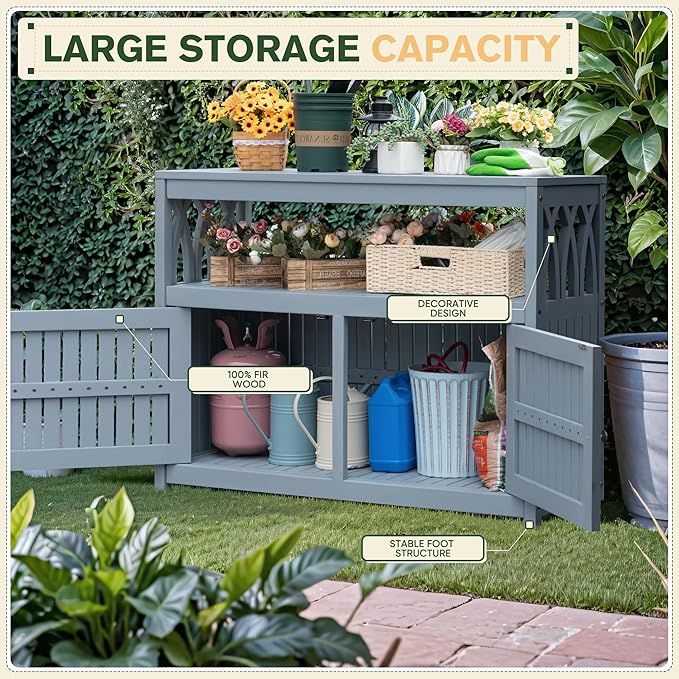 Greesum 2-Tier Outdoor Storage Cabinet in Acacia Wood, with 2 Magnetic Doors, for Garden, Picnic, Buffet, TV Stand, or Bar Table, Grey - Image 5