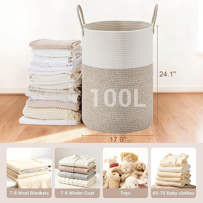 Tall Laundry Basket with Handles, 100L Portable Dirty Clothes Hamper, Boho - Image 2