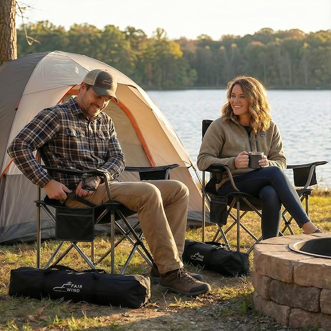 FAIR WIND 2 Pack Heavy Duty Camping Chair, Oversized Padded Folding Chair for Big and Tall (450lbs), Extra Wide Seat with Integrated Cooler & Storage Pocket, Adjustable Lumbar Support for Outdoor - Image 2