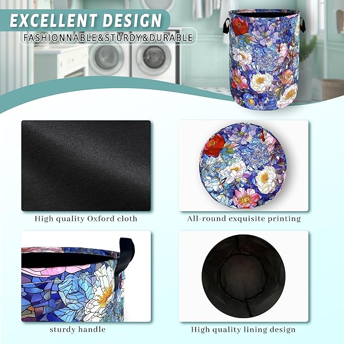 Blue Flowers Laundry Basket Glass Colorful Floral Foldable Funny Laundry Hamper - Image 4
