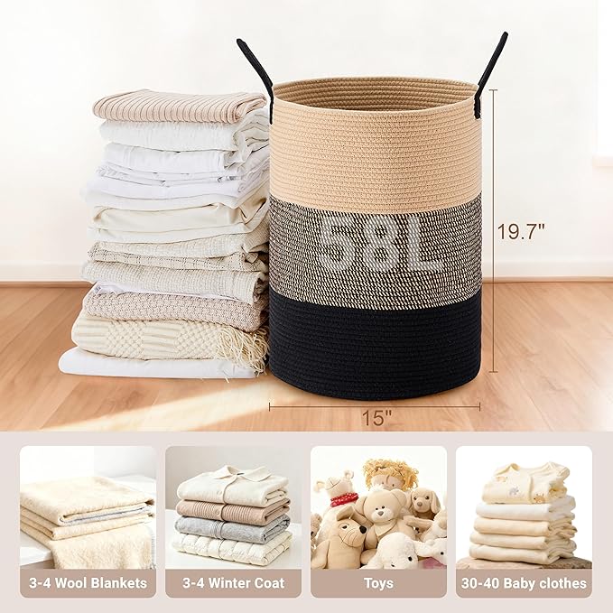 Tall Laundry Basket with Handles, 58L Portable Dirty Clothes Hamper, Boho - Image 2