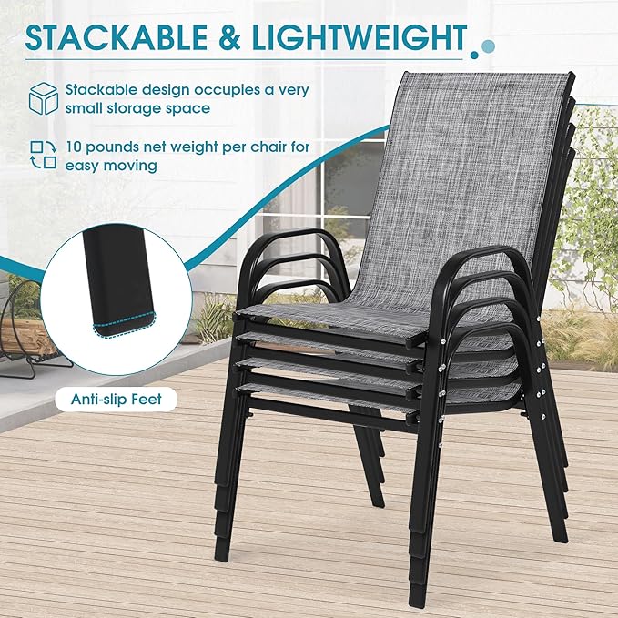 Outdoor Stackable Chairs Set of 4, Stacking Patio Chairs with Textilene Fabric, Outside Furniture for Garden Backyard Balconie Poolside Deck, Grey - Image 4