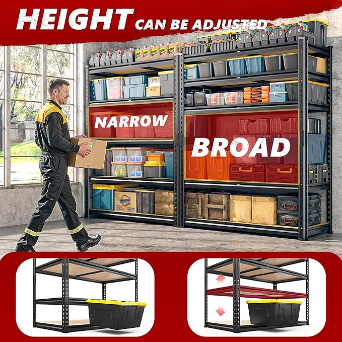 REIBII 2400LBS Garage Shelving Heavy Duty 5 Tier Storage Shelves Adjustable Garage Shelves, Utility Rack Shelf, Shelving Units for Storage Warehouse Pantry Closet, 35.5" W x 11.9" D x 72" H, 2 Pack - Image 5