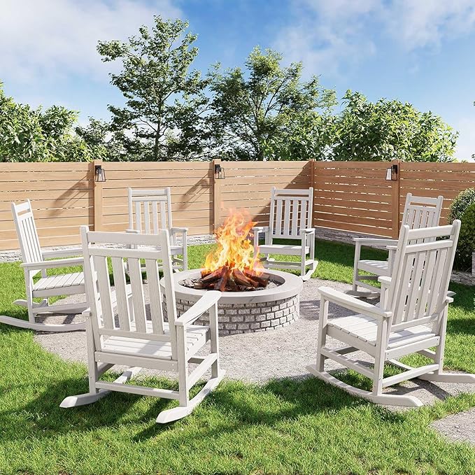 HDPE Rocking Chair Outdoor Set of 6 - Poly High Back Porch Rocker Chairs for Adults - All Weather Resistant Furniture for Patio Front Porch - White by Garvee
