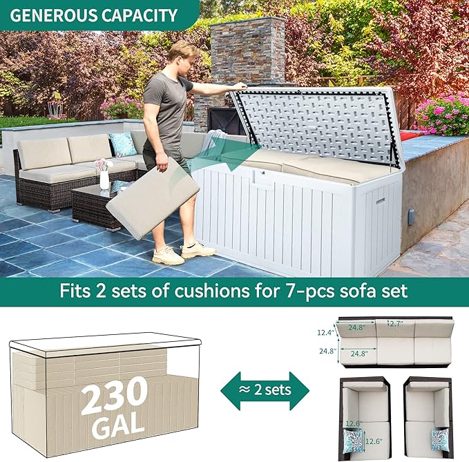 YITAHOME XXL 230 Gallon Large Deck Box,Outdoor Storage for Patio Furniture Cushions,Garden Tools with Flexible Divider,Waterproof,Lockable (White) - Image 9