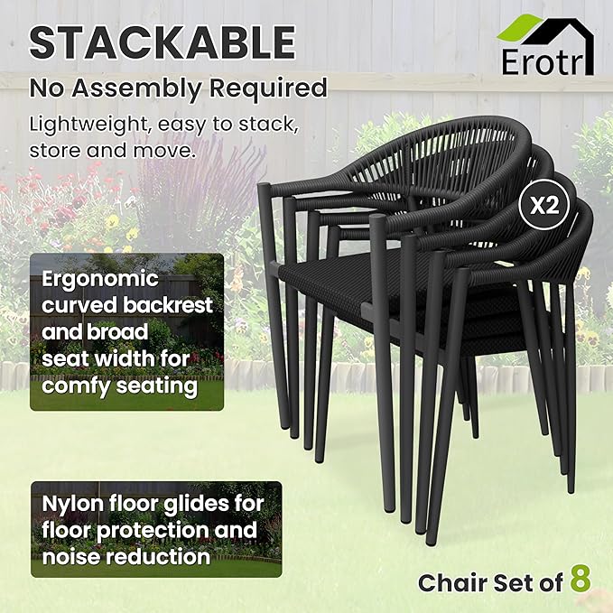 8 Pcs Stackable Patio Dining Chairs, Aluminum Rattan Outdoor Dining Chair with Arms, Woven Rope Garden Armchair Metal No Assembly for Bistro Balcony Porch Deck Yard Cafe Restaurant, Black - Image 5